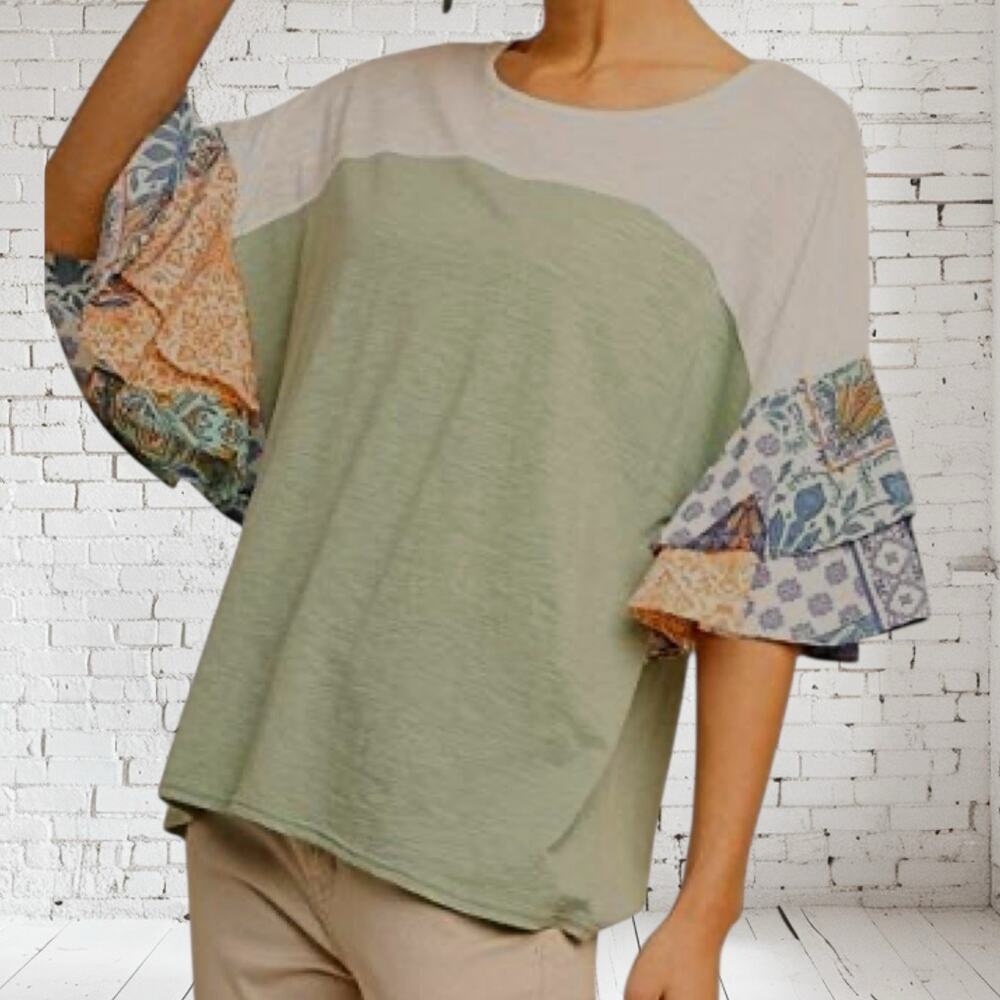 Umgee USA Colorblock Paisley Ruffle Sleeves Top Sz M Blouse 46"Bust 100% Cotton‎